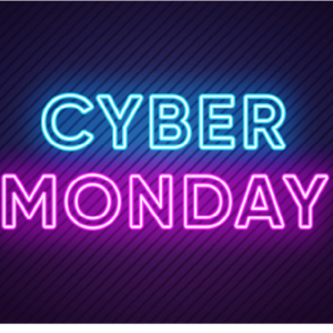 Neon blue and pink signs for Cyber Monday