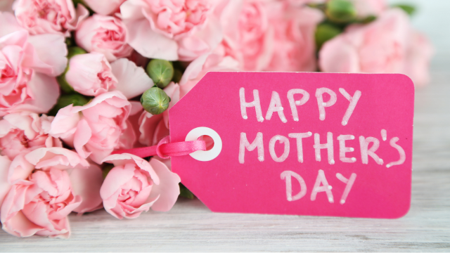 Bouquet of pink flowers with Mother's Day tag
