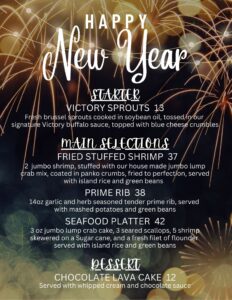 New Year’s Eve menu graphic with a dark background featuring gold fireworks and bokeh lights. White lettering reads “Happy New Year” at the top. The menu lists a starter of Victory Sprouts with buffalo sauce and blue cheese, main selections including Fried Stuffed Shrimp, Prime Rib, and a Seafood Platter, and a dessert of Chocolate Lava Cake. Prices are shown next to each item.